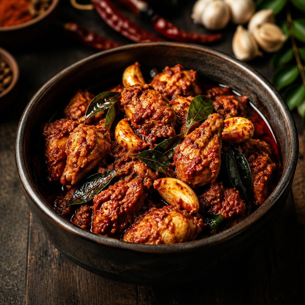 Chicken pickle in a dark ceramic bowl with garlic and curry leaves