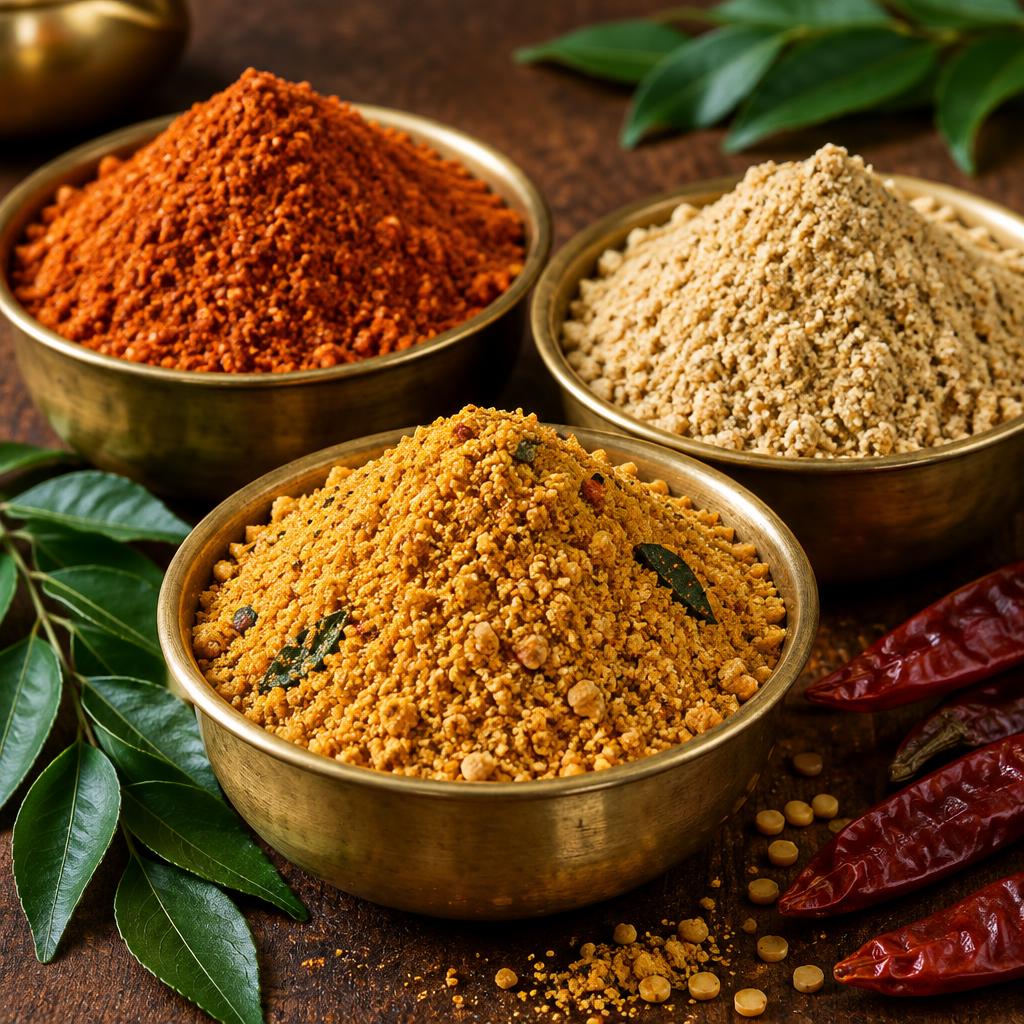 Three homemade podi powders in brass bowls with curry leaves
