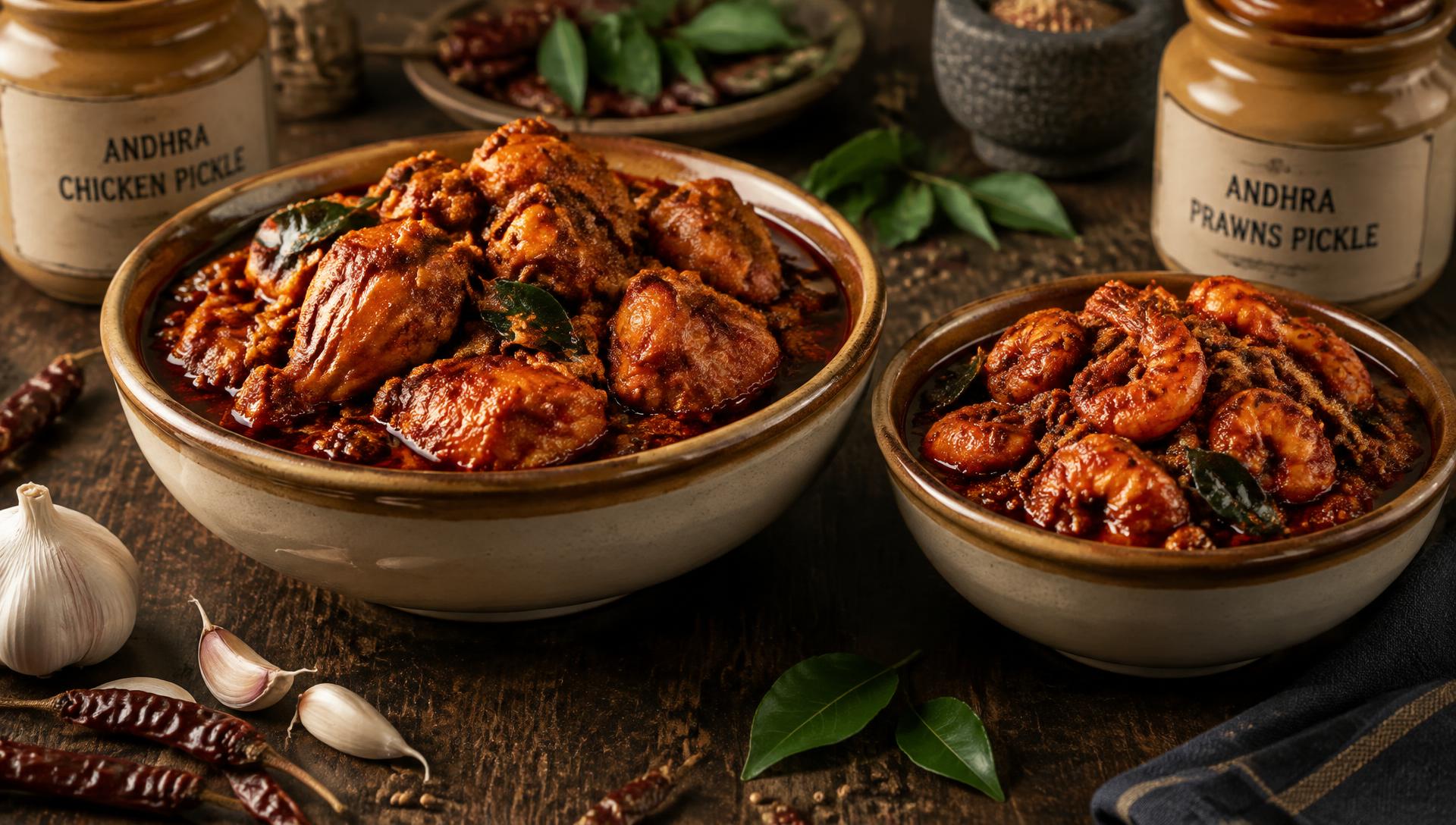 Chicken pickle and prawns pickle in ceramic bowls with garlic and curry leaves