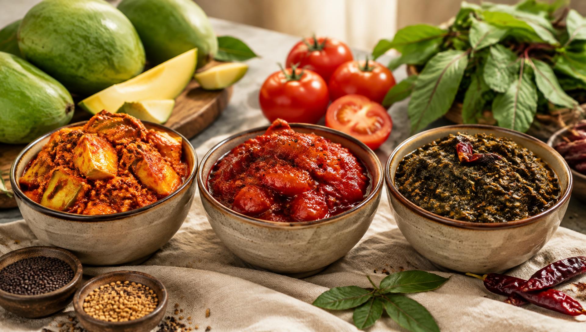 Mango, tomato and gongura pickles in bowls with fresh mangoes, tomatoes and sorrel leaves