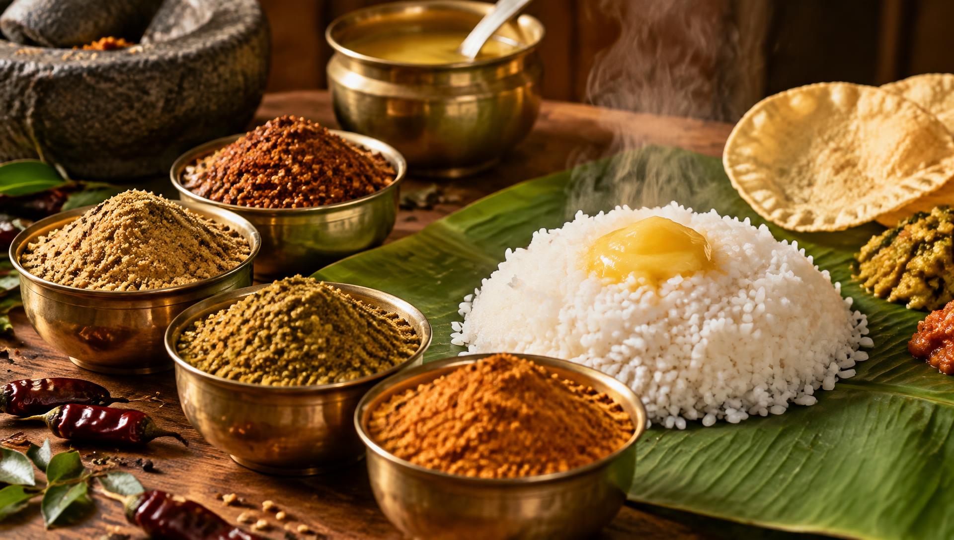 Homemade podis in brass bowls beside steaming rice and ghee on a banana leaf