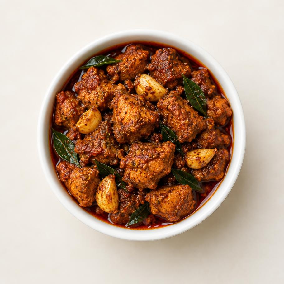 Andhra chicken pickle with garlic and curry leaves in a white bowl