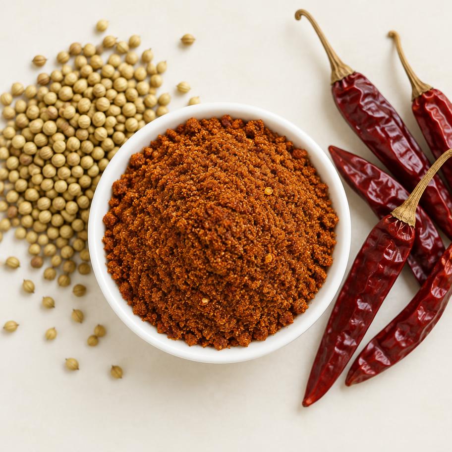 Coriander and dried chilli podi powder with whole spices beside