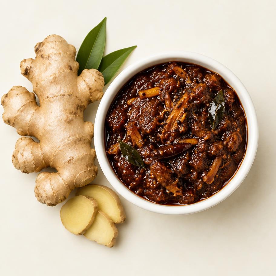 Dark ginger pickle in a white bowl with fresh ginger root beside it