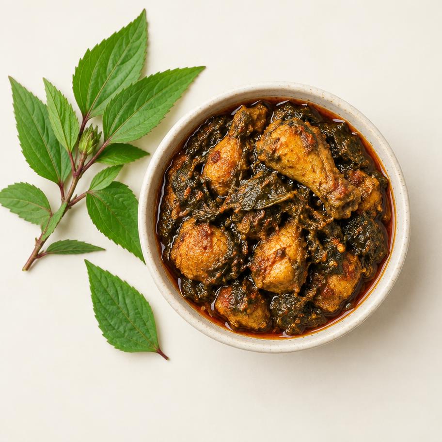 Gongura chicken pickle with sorrel leaves beside a ceramic bowl