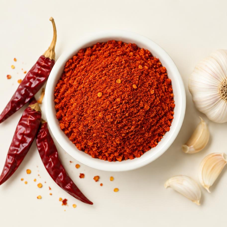 Bright red kaaram podi powder in a bowl with dried chillies and garlic