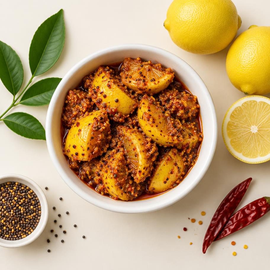 Lemon pickle wedges in mustard masala with fresh lemons beside
