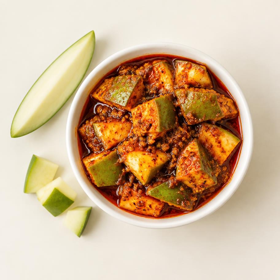 Raw mango pickle cubes in mustard chilli oil with mango slices