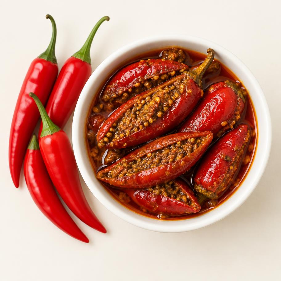 Ripe red chilli pickle stuffed with spices beside fresh red chillies