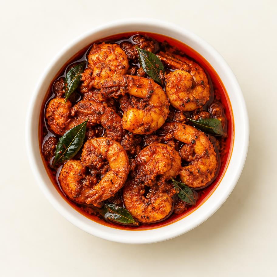 Prawns pickle in red masala oil with curry leaves in a white bowl
