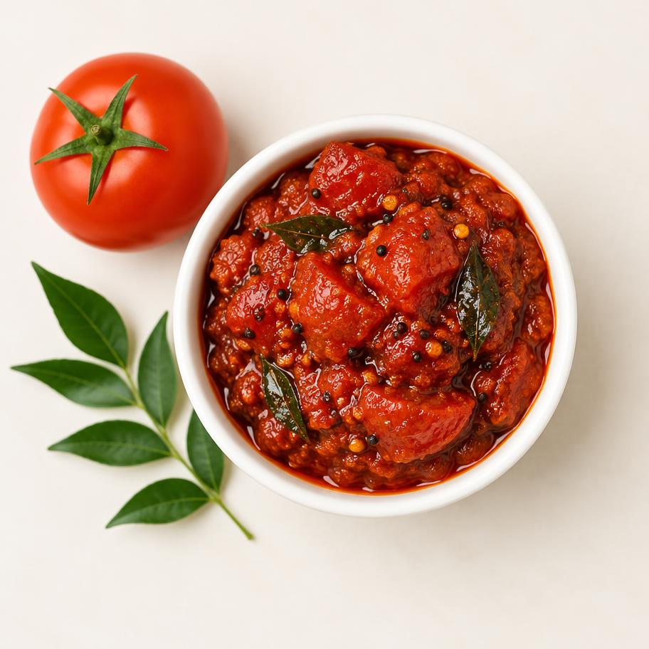 Tomato pickle with mustard seeds and a fresh tomato beside the bowl