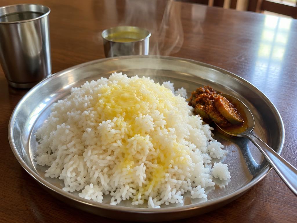 Hot rice with ghee and a spoon of mango pickle on a steel plate