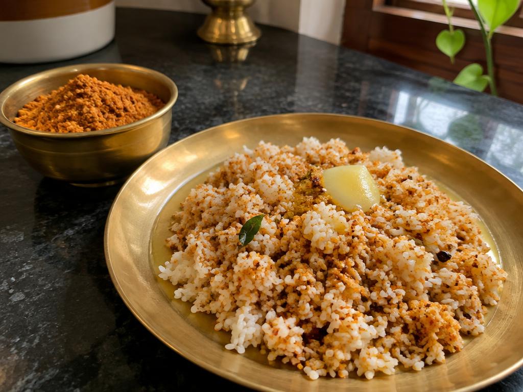Rice mixed with homemade podi and ghee on a brass plate